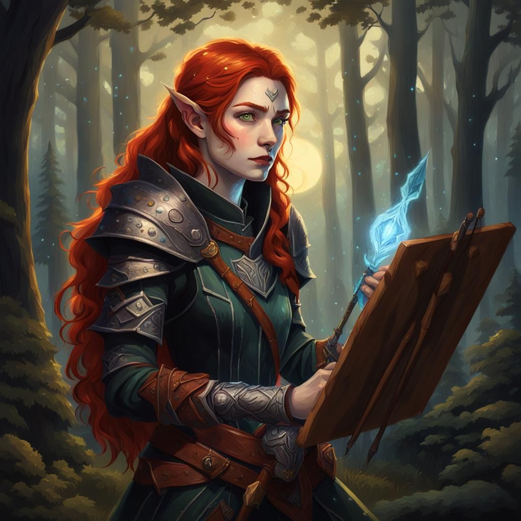 Half-Elf Warlock Painting in Moonlit Forest