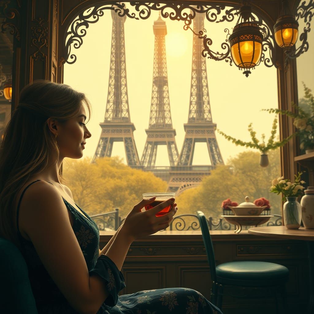 Parisian Cafe Scene with Eiffel Tower in Matte Painting Styl...
