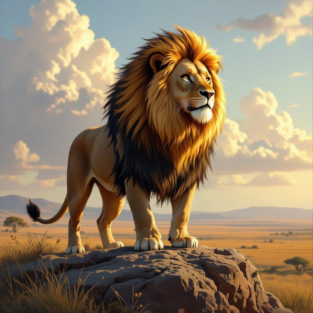 Majestic Lion Overlooking Savannah in Digital Painting Style