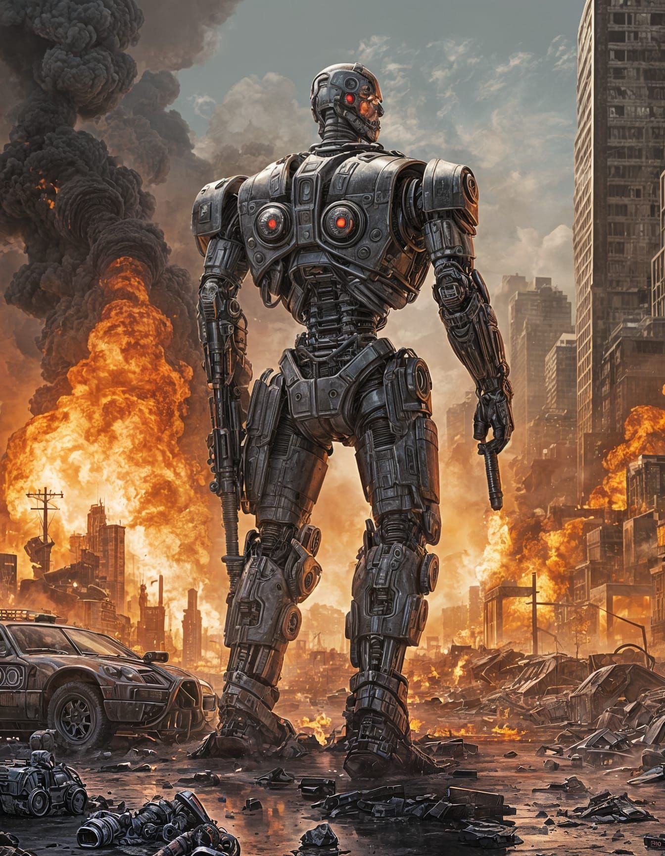 Terminator Patrolling a Burning City Landscape