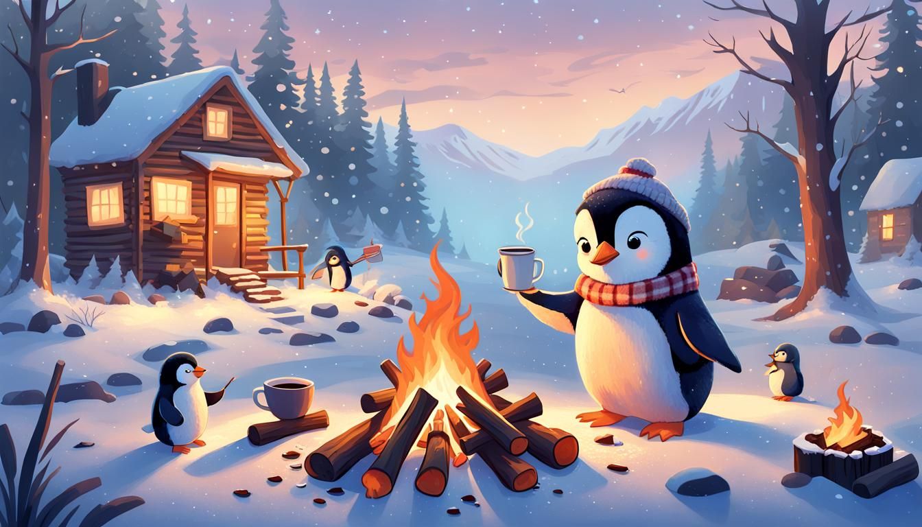 Adorable Penguin Bonfire in Children's Book Style