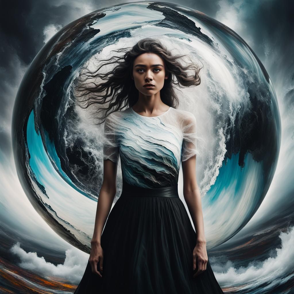 Mystical Portrait: Girl in Orb of Contrasting Worlds