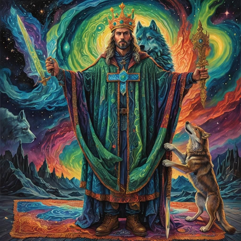Man, Wolf, and Crown: A Surreal Illustration