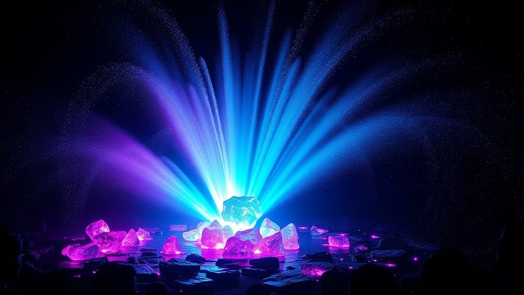 Iridescent Gemstone Fountains in Ethereal Space