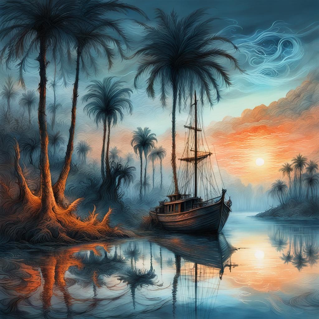 Palm Trees and Boat in Soft Evening Light