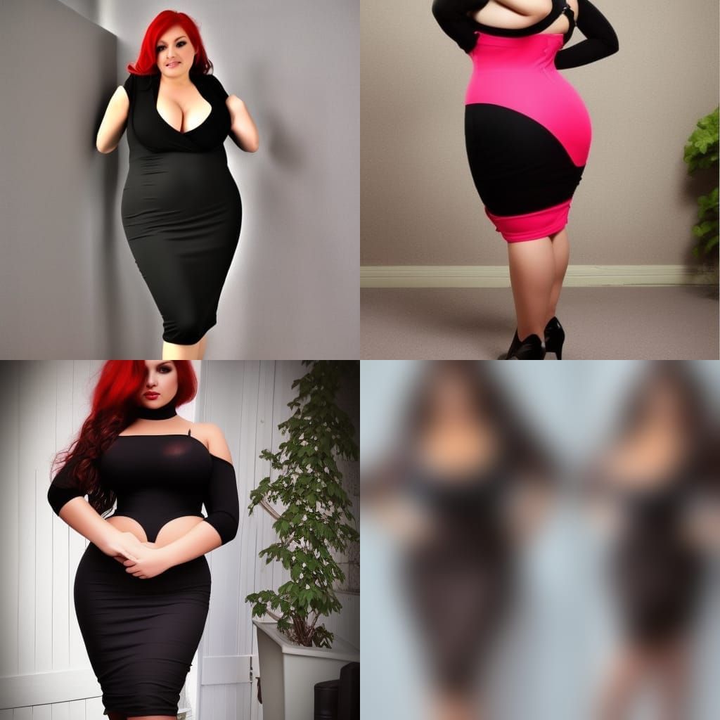Curvy Goth Model in Tight Dress and Pencil Skirt