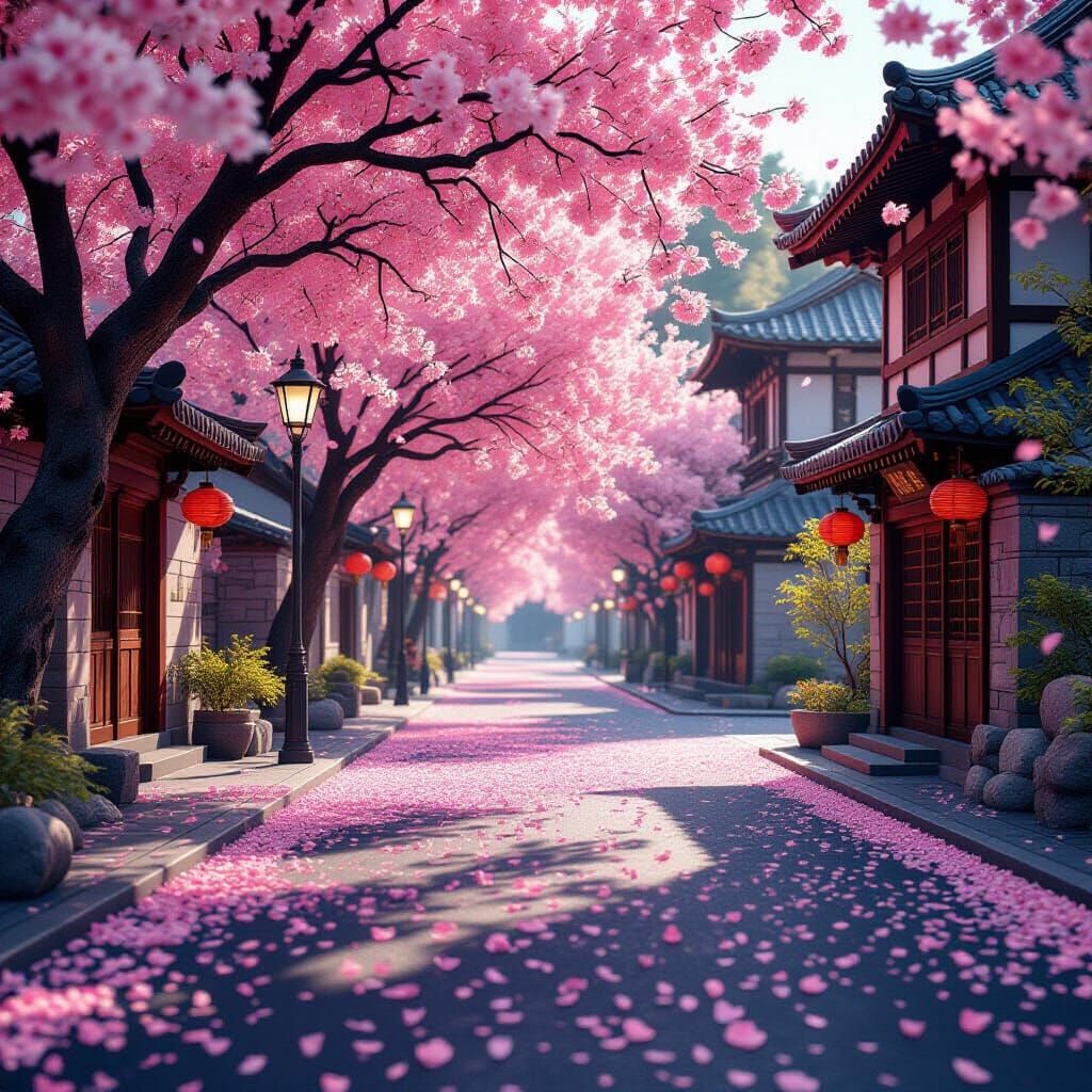 Autumn Street Covered in Cherry Blossoms