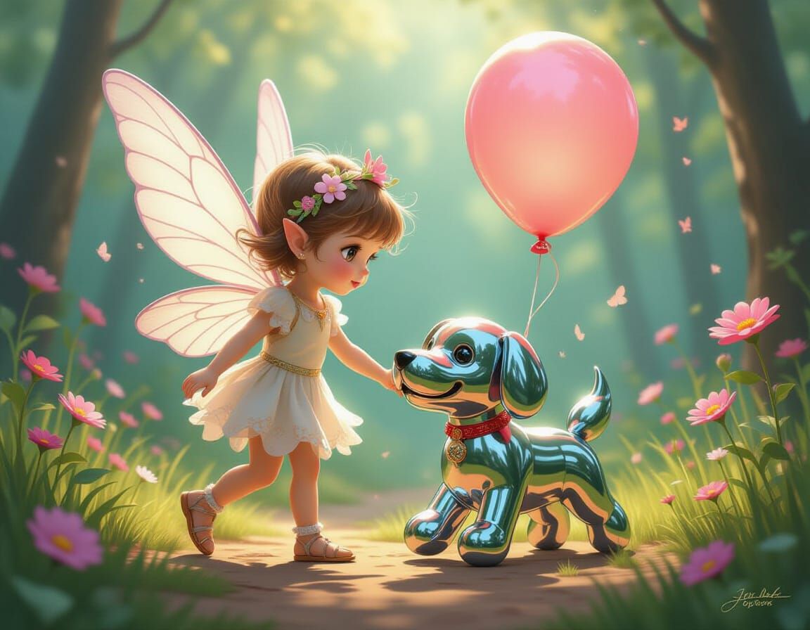 Fairy Walks Balloon Dog in Hyperdetailed Fantasy Art