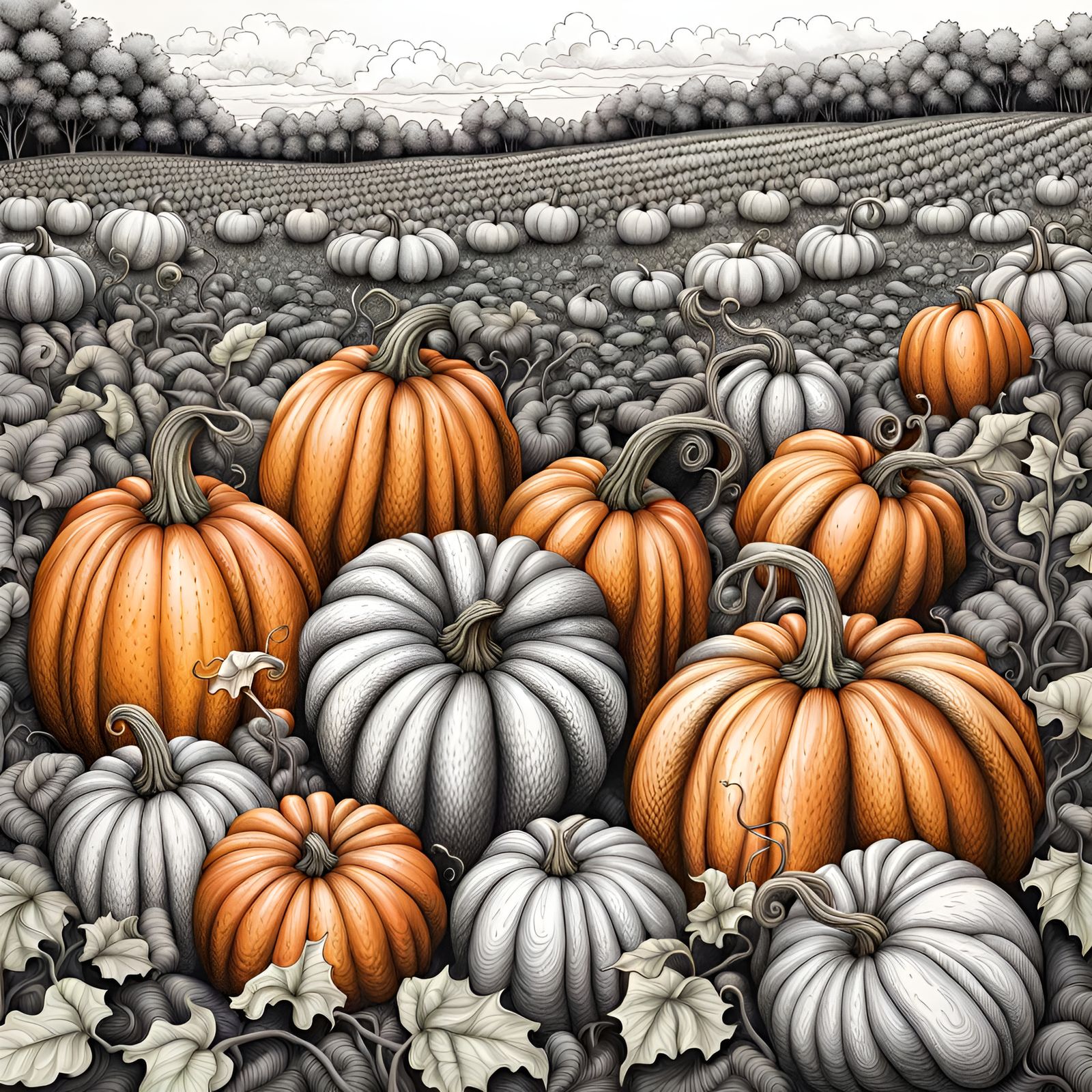 Colorful Pumpkin Patch Ink Drawing