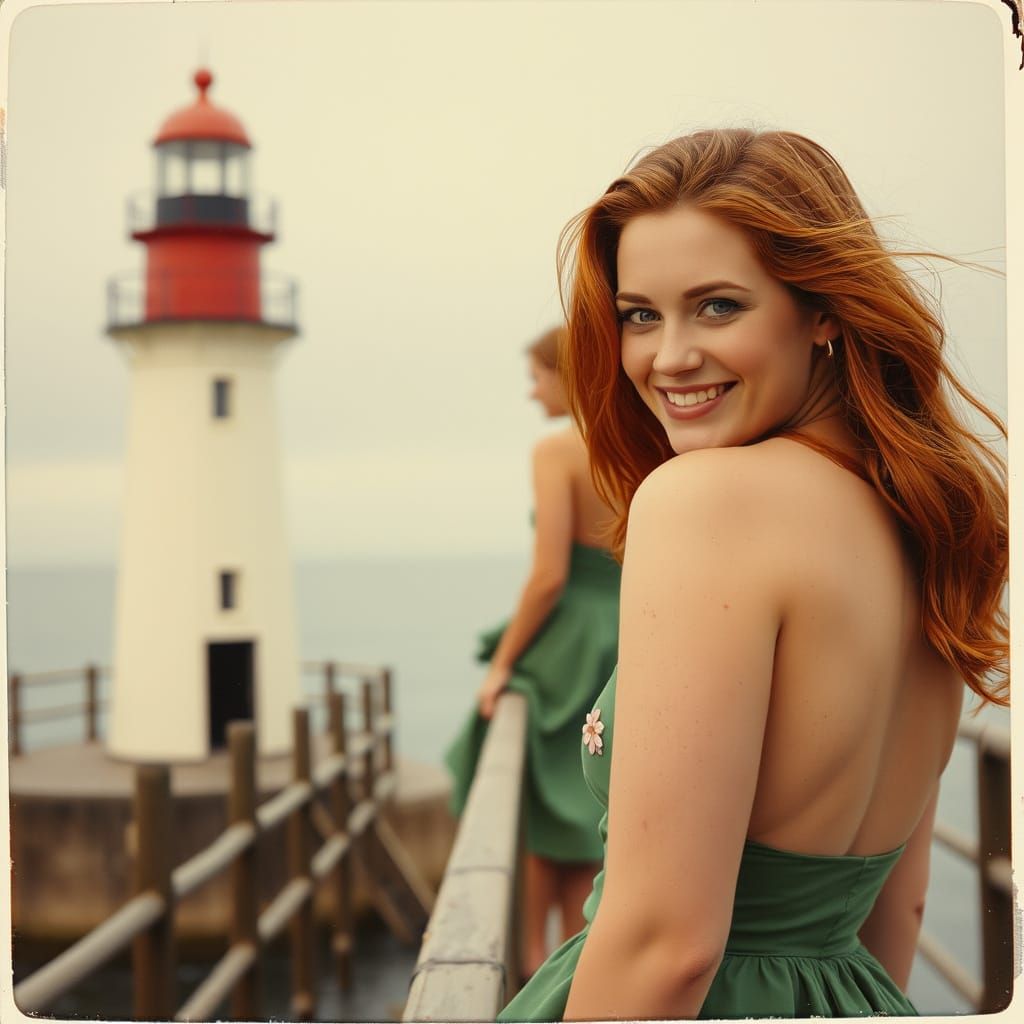Vintage Polaroid of Lighthouse with Pin-Up Woman