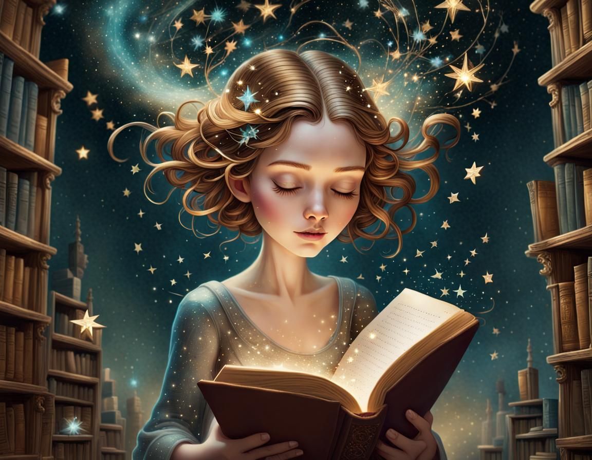 Imaginative Girl Reading Book in Fantasy Library