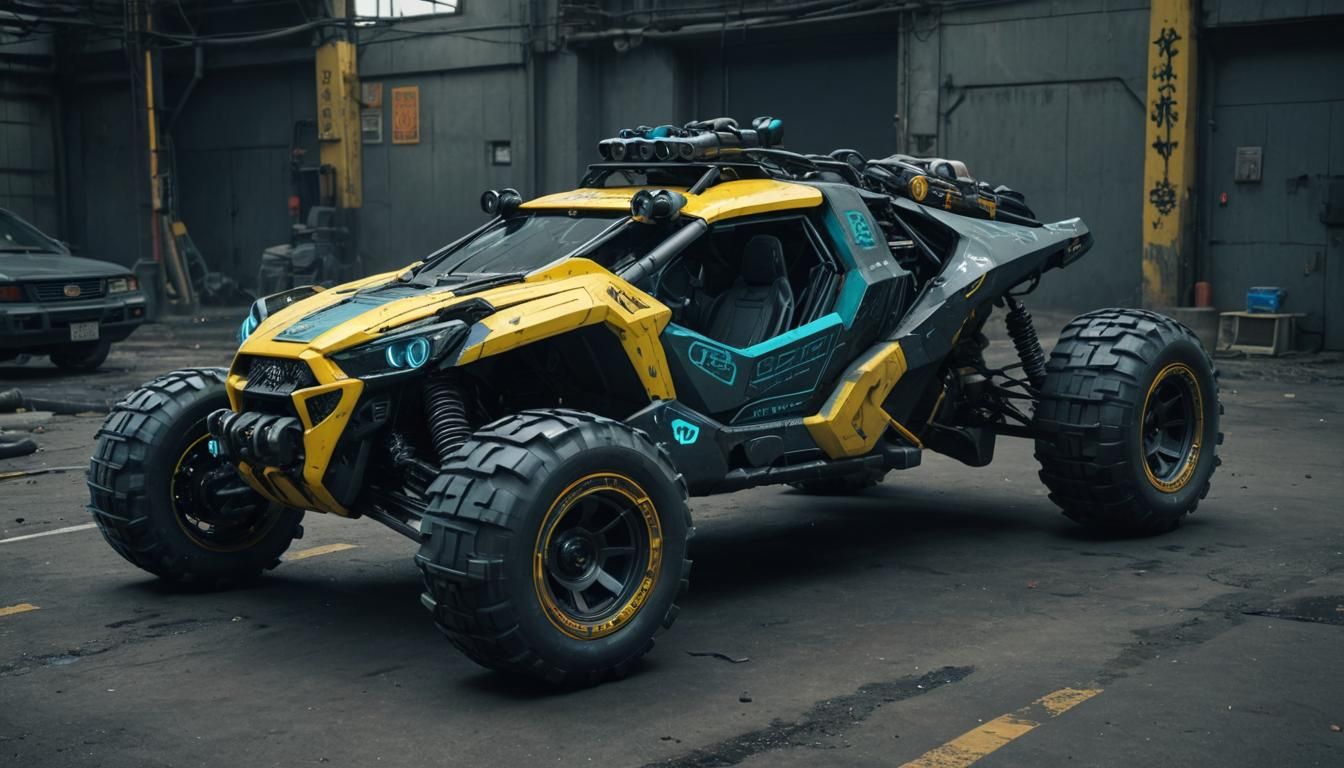 Cyberpunk Buggy with Japanese Logos in Futuristic Style