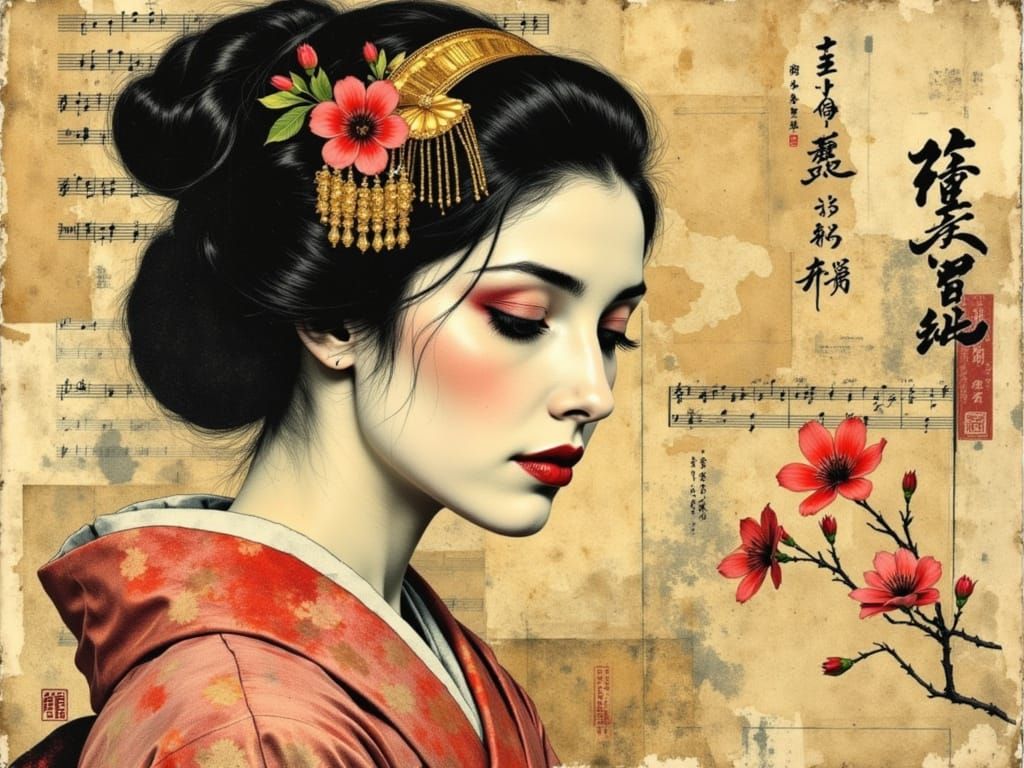 Ethereal Geisha in Golden Hairpin, Lost in Melancholic Thoug...