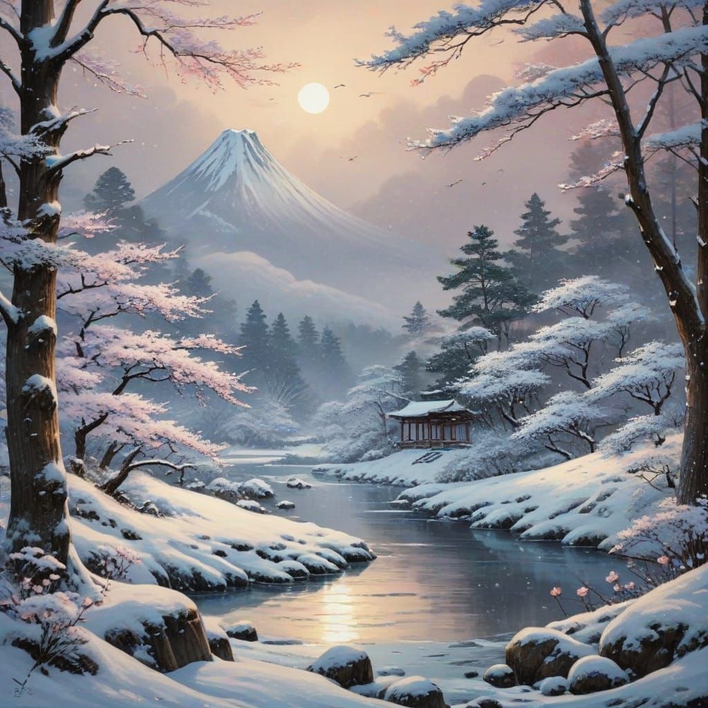 Mystical Samurai in Serene Winter Wonderland