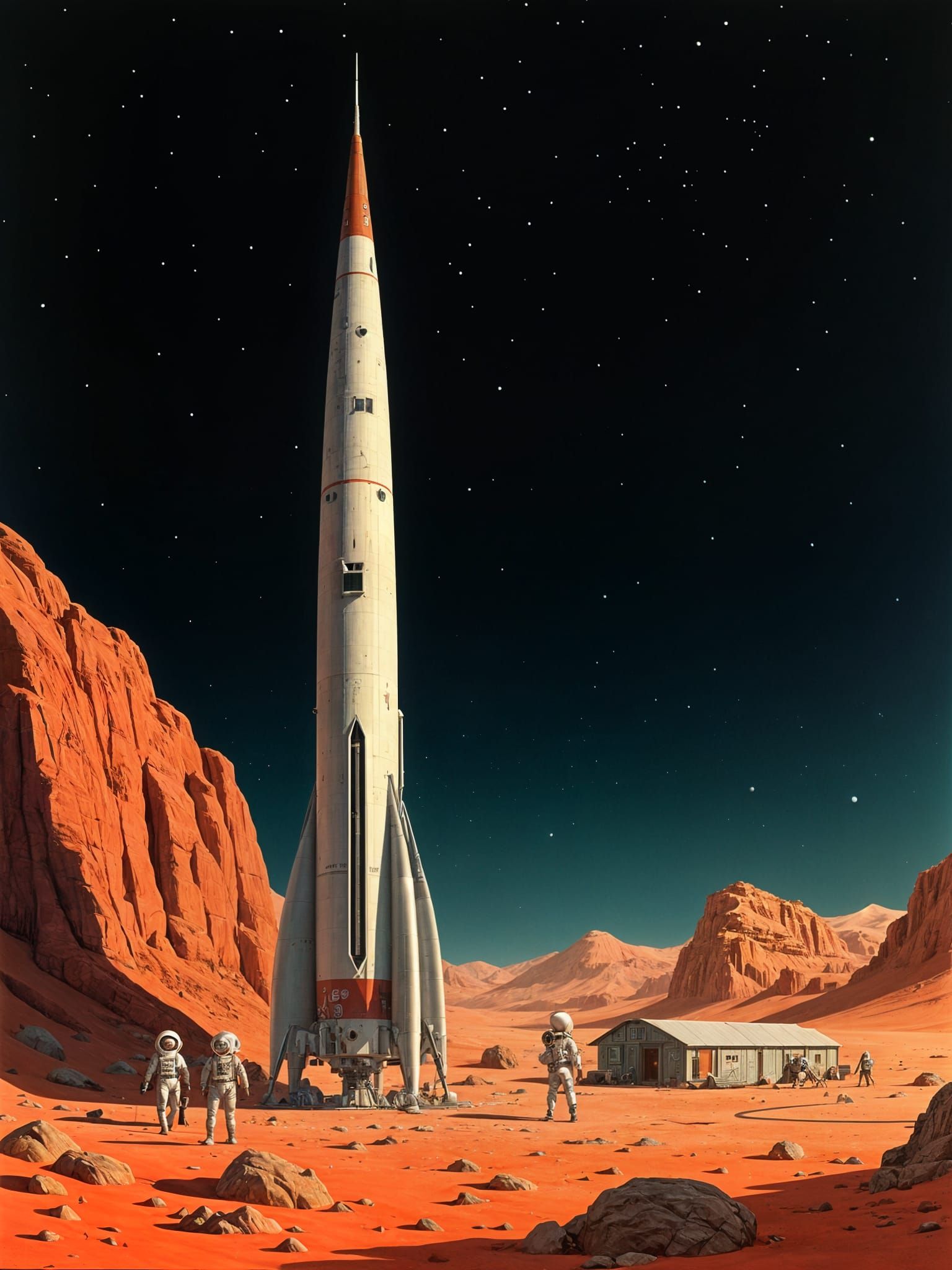 Vintage Sci-Fi Space Rocket on Mars