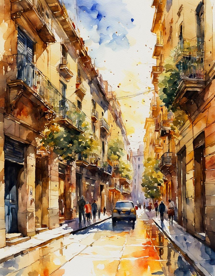 Barcelona Streets in Vibrant Watercolor Style