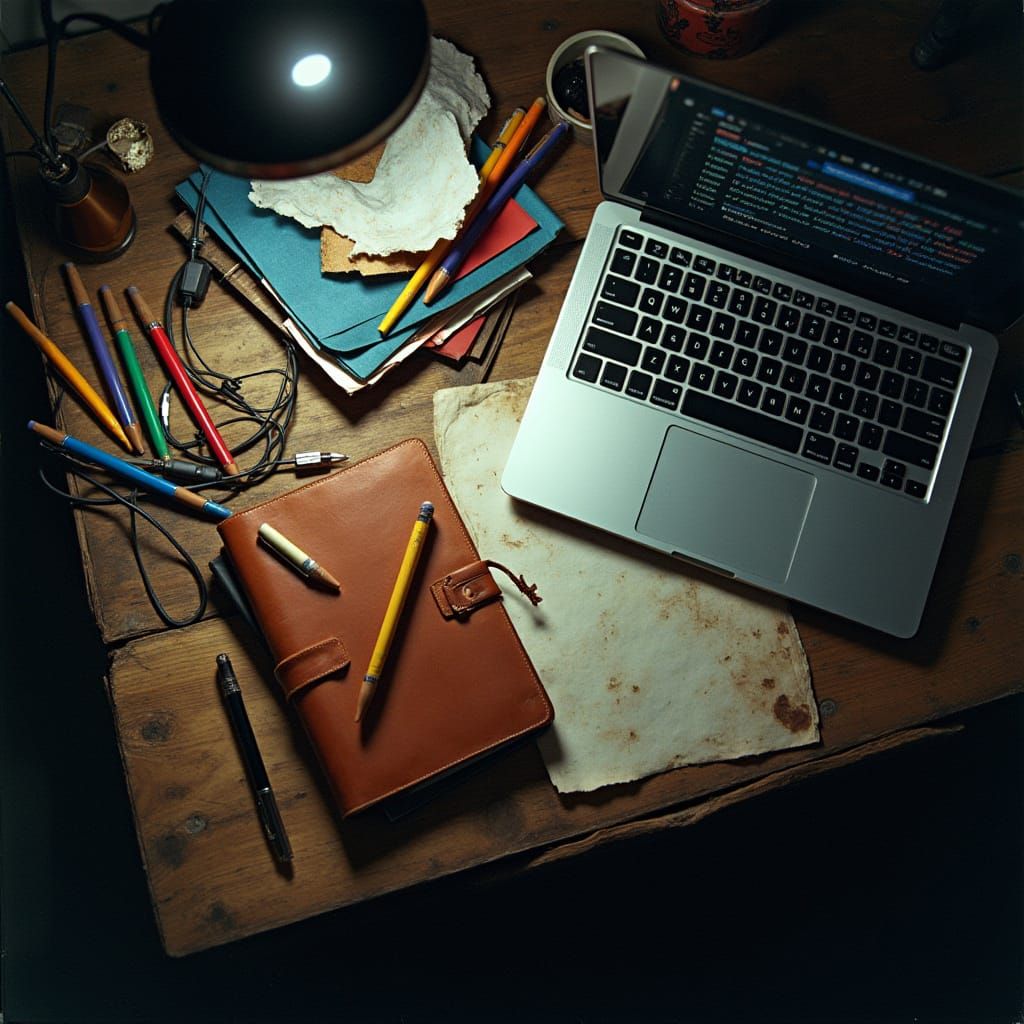 Modern Writing Desk with Vibrant Pens and Laptop Amidst Clut...