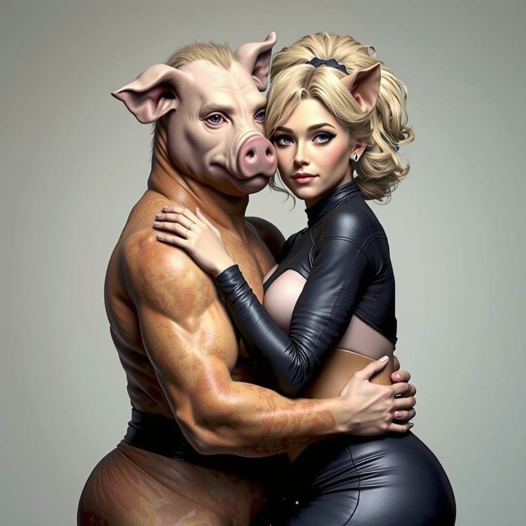Pig-Man and Woman Embrace in Anime Style