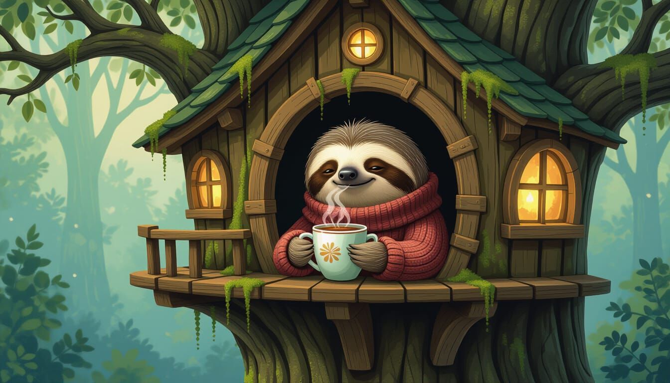 Cozy Sloth Enjoys Tea Time in Magical Treehouse