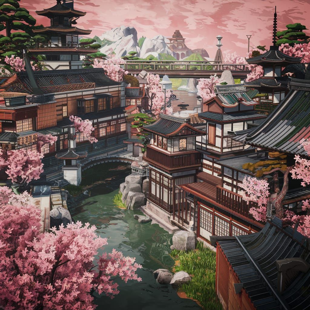 Tokyo Aerial View in Ukiyo-e Woodblock Style