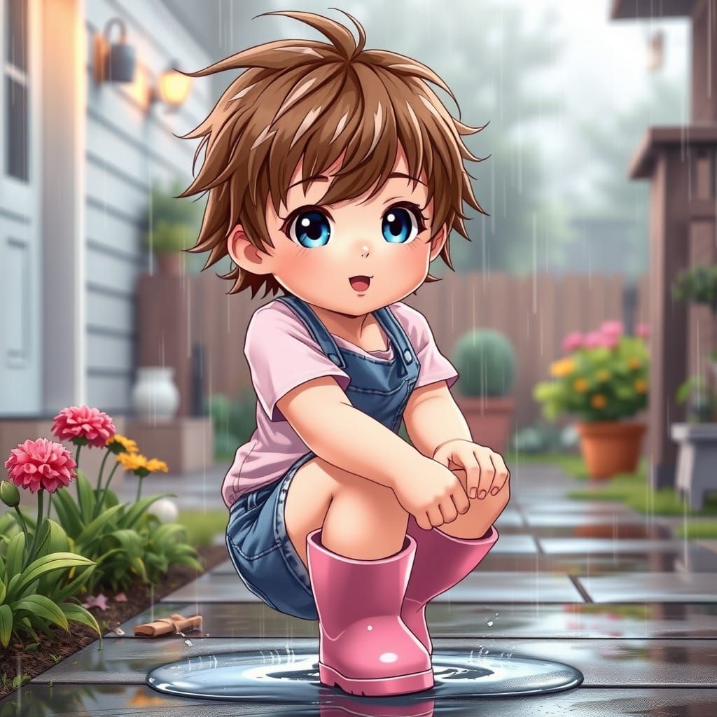 Adorable Anime-Inspired Baby Plays in the Rain