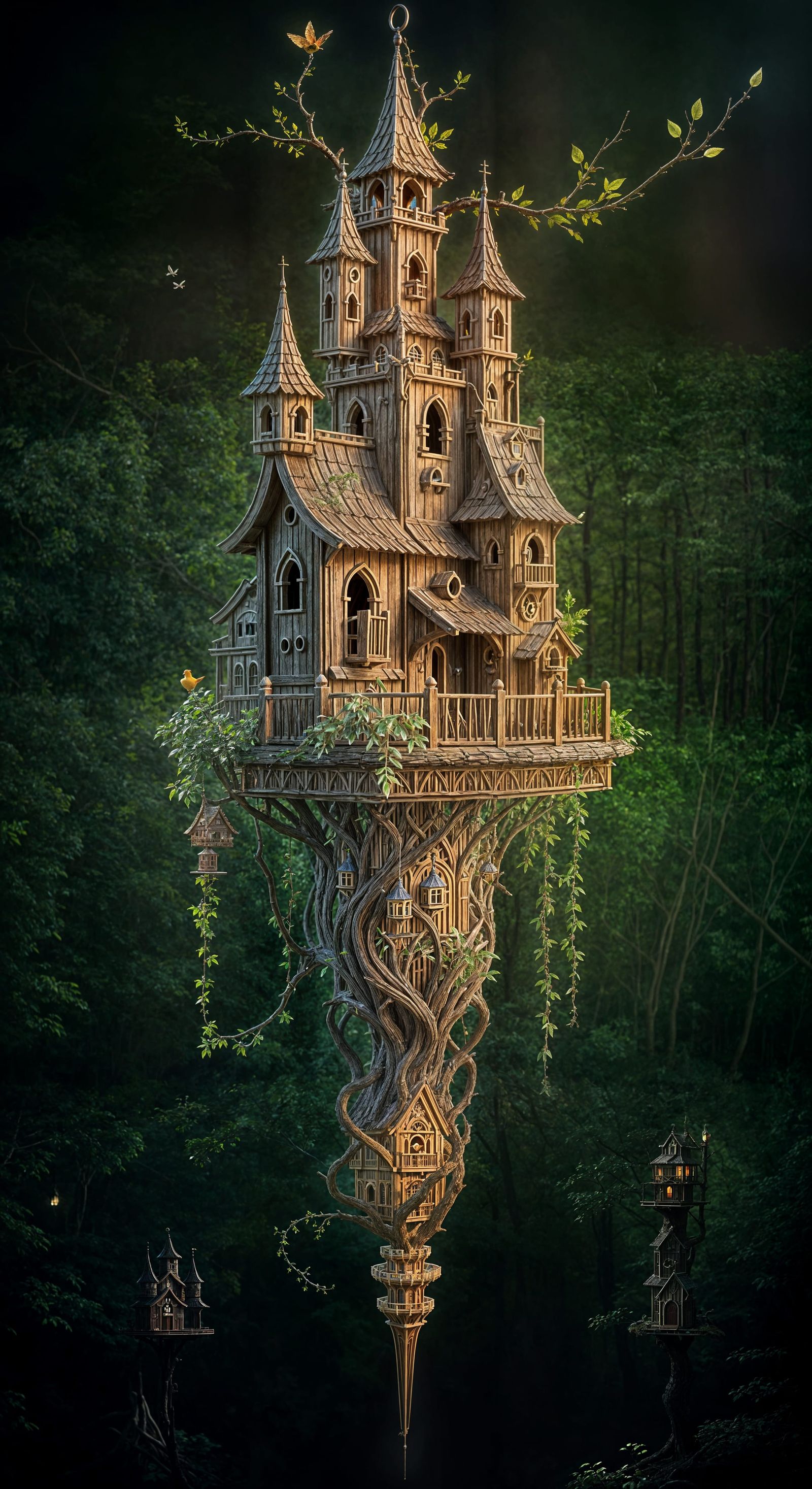 Fantasy Birdhouse Castle Hanging from Budding Branch