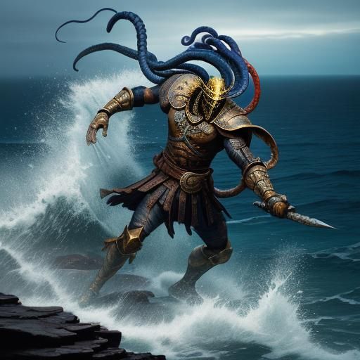 Warrior with Squid Tentacle Helmet: Oil Painting