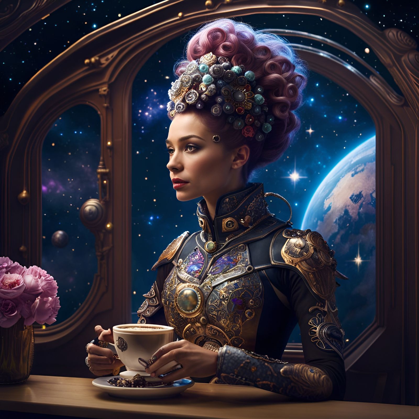 Rococo Barista in Space Cafe: Cinematic Digital Art