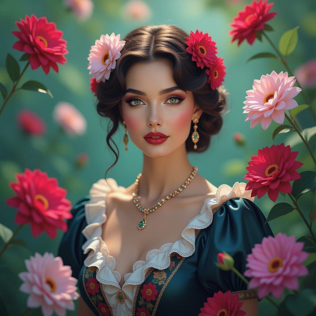 Surreal Woman with Flowers in Matte Painting Style