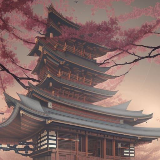 Mechanical Cherry Blossom Temple in Geometric Style