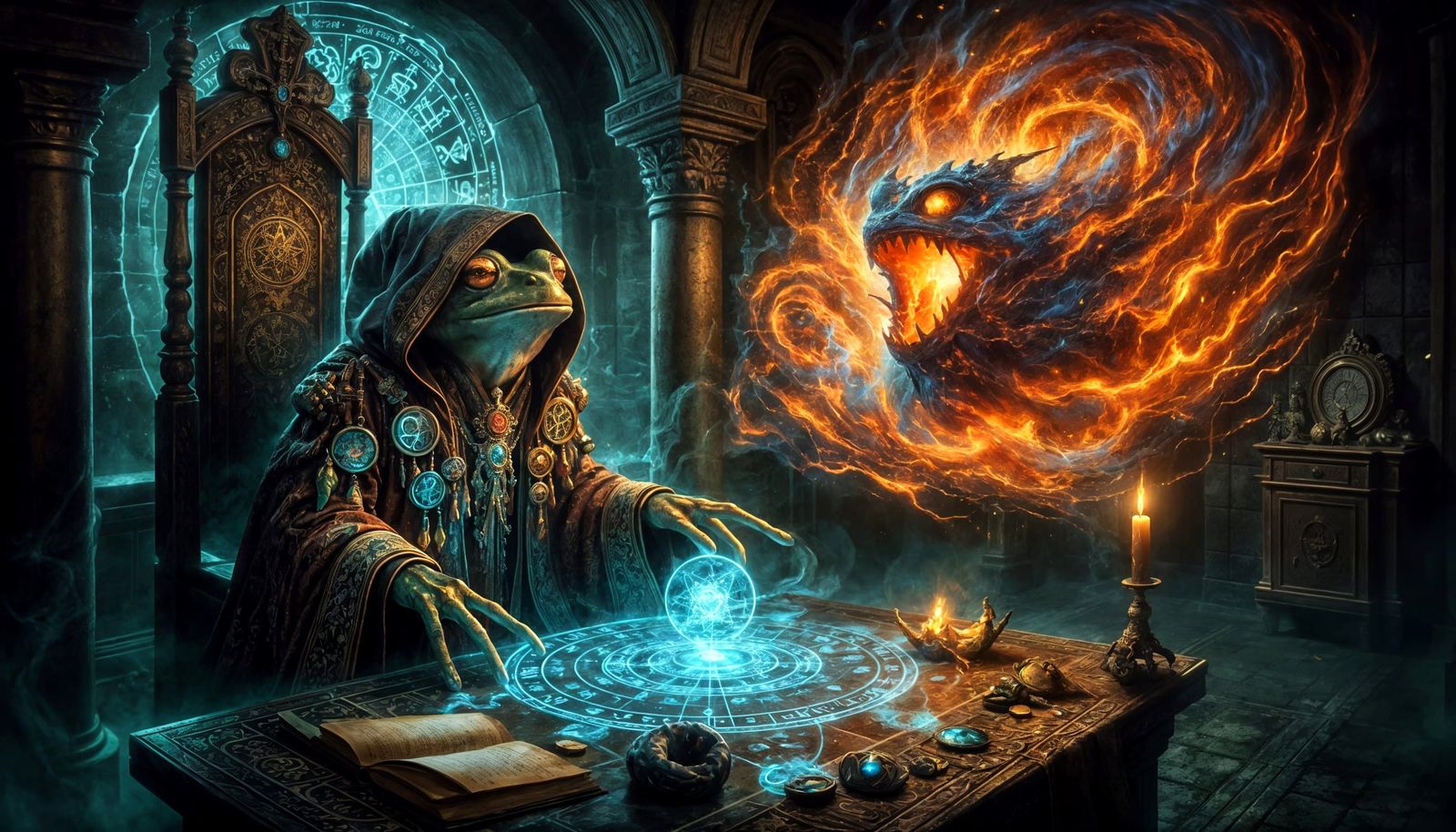 Frog Wizard Divination Creates Fiery Wolf Vision