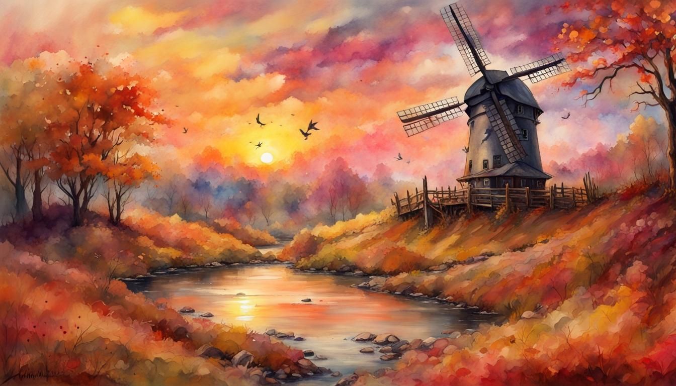 Fantasy Windmill Sunset in Watercolor Style
