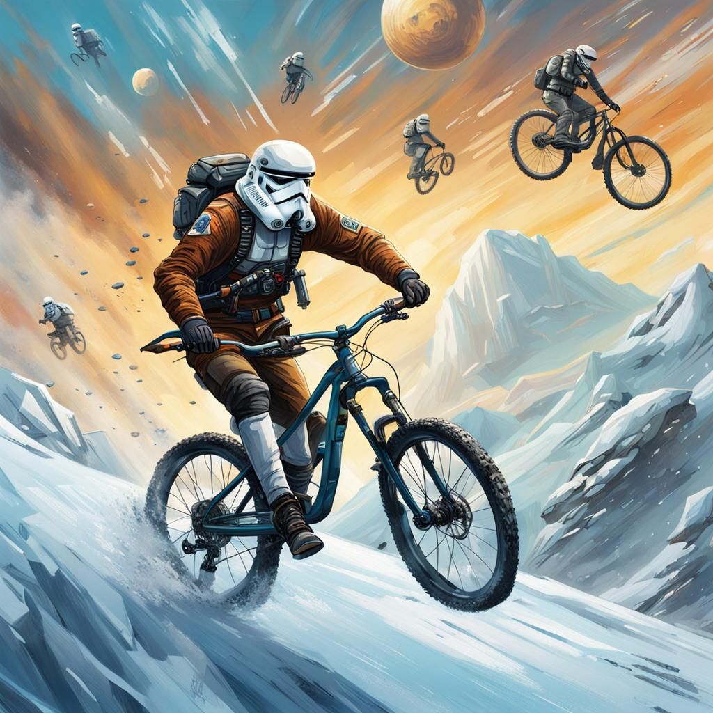 Steampunk Mountain Biker on Hoth Evading Stormtroopers