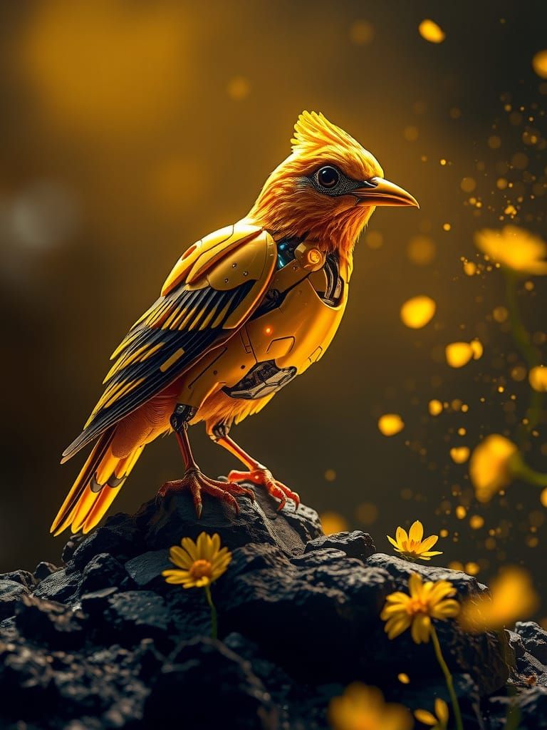 Majestic Robotic Canary in a Futuristic Coal Mine