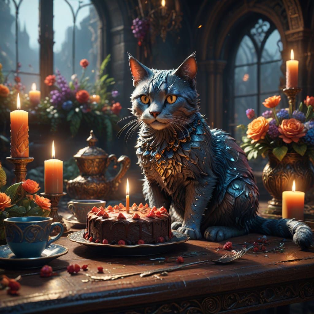 Luxurious Chrome Cat Sips Coffee Amidst Vibrant Holiday Feas...