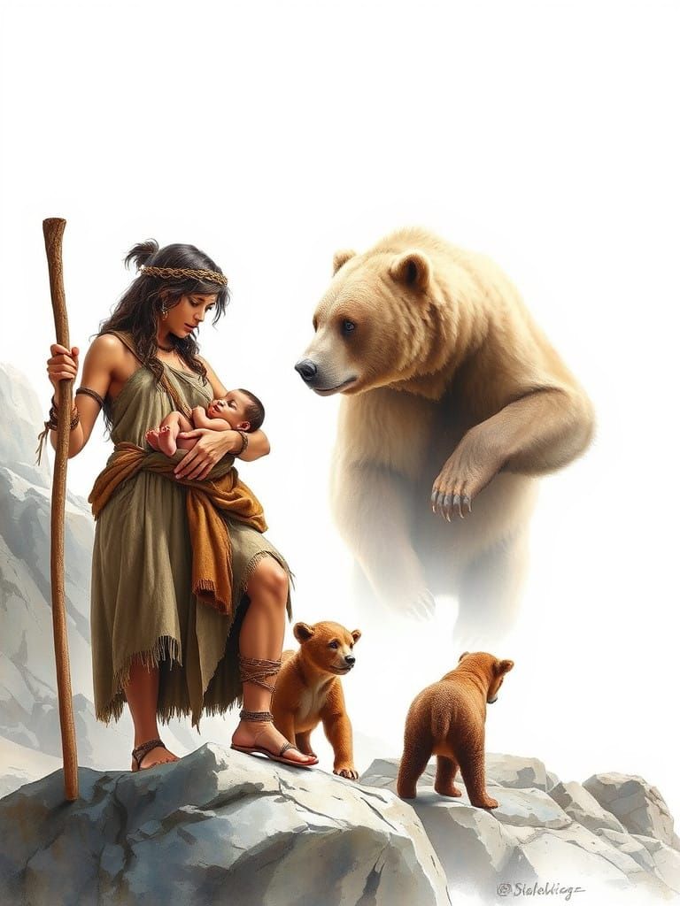 Prehistoric Cave Mother Defends Her Child Against a Brown Be...