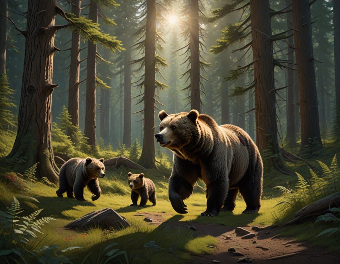 Grizzly Bear Family in Primeval Forest Glade