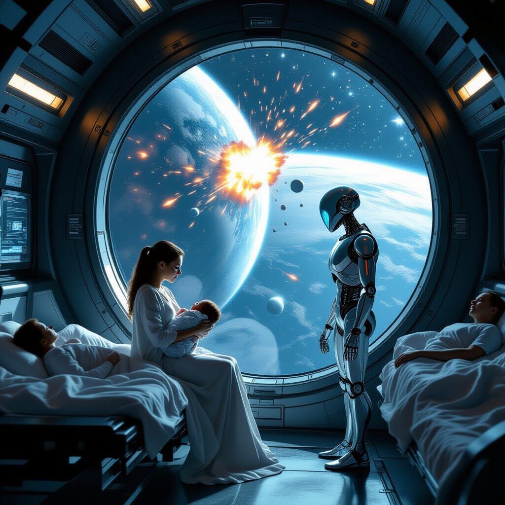 Futuristic Spaceship Scene: Woman, Baby, and Robot