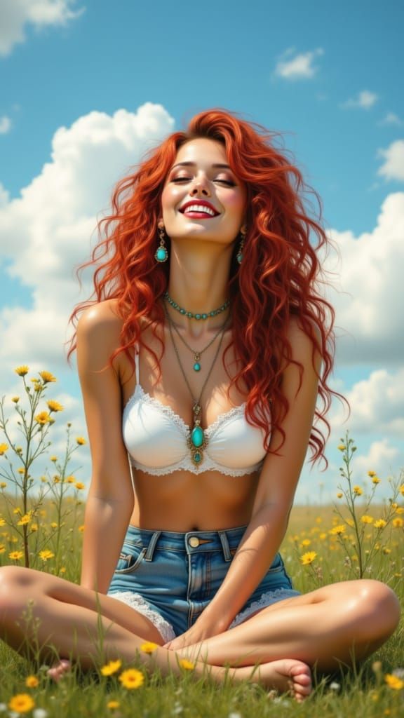 Joyful Woman in Meadow, Romantic Painting Style