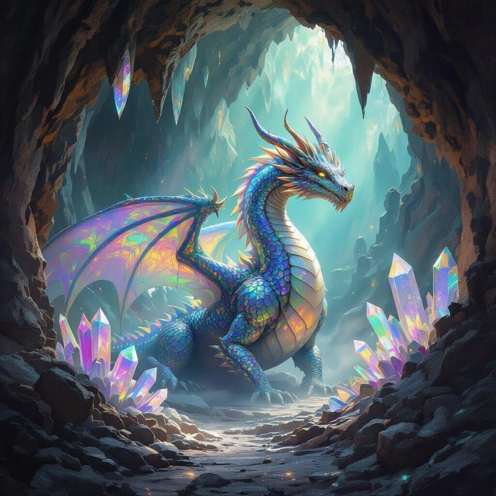 Majestic Dragon In Crystal Cave With Ancient Ruins