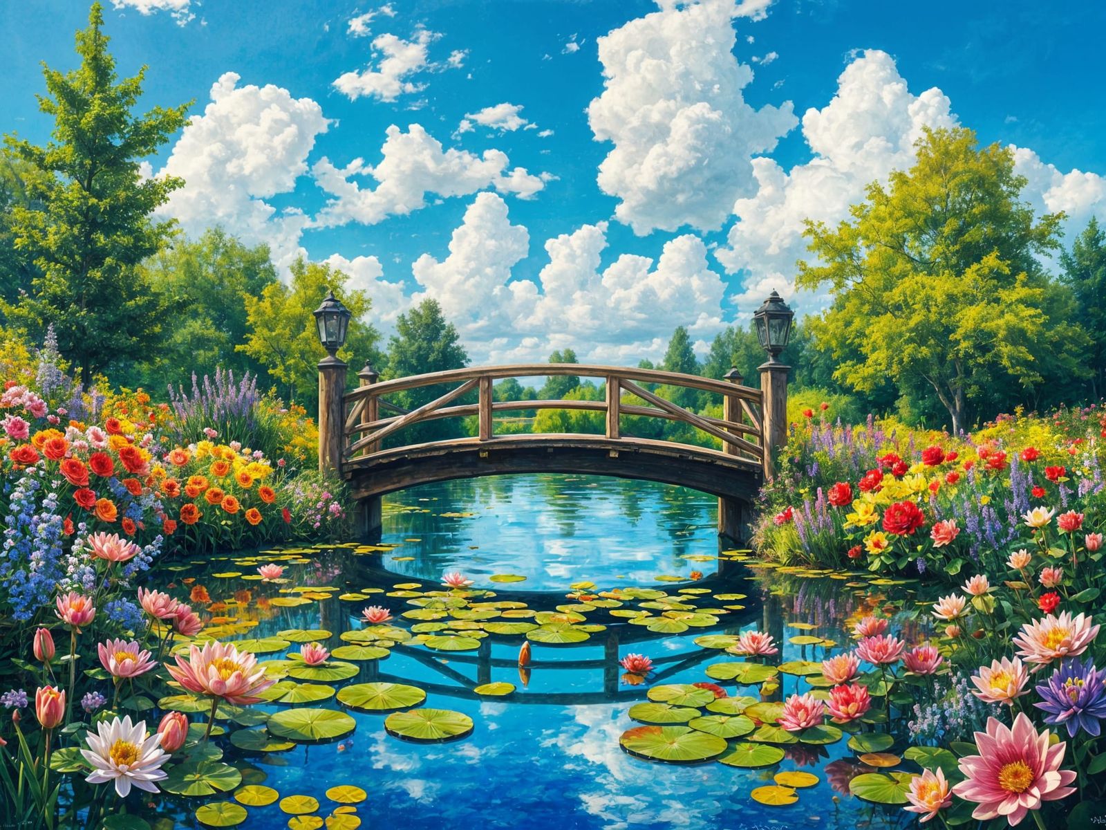 Impressionist Oil Painting of a Serene Waterlily Pond Scene