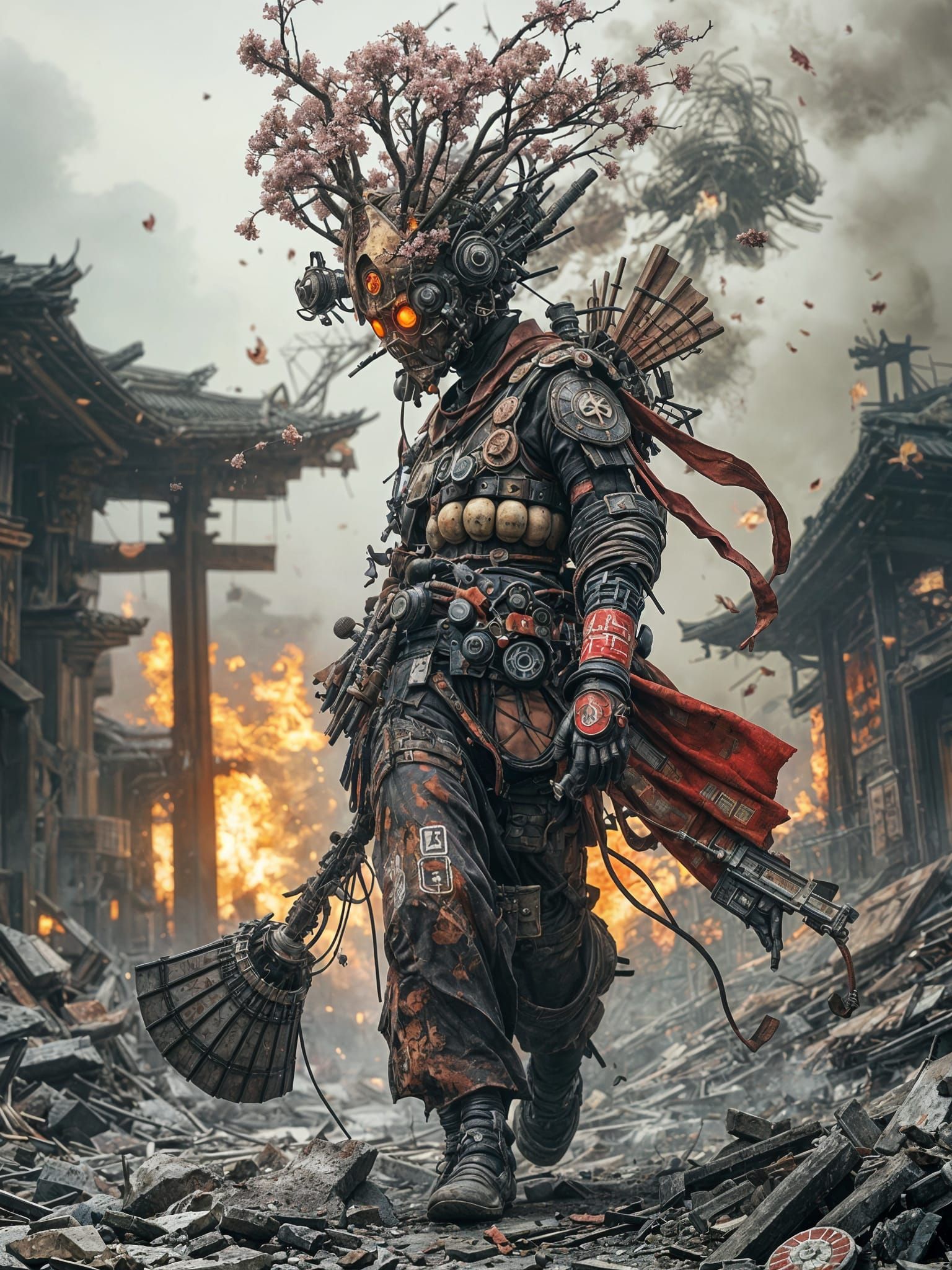 Cyberpunk Warrior Blossoms in Ruined Shrine