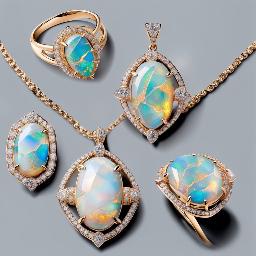 Opal Jewelry Set with Gold Veins