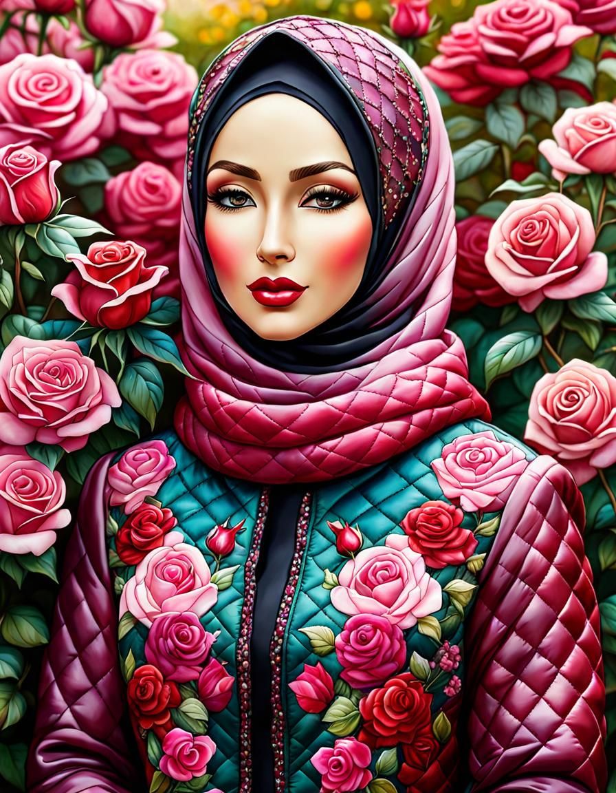 Beautiful Woman in Hijab in Rose Garden