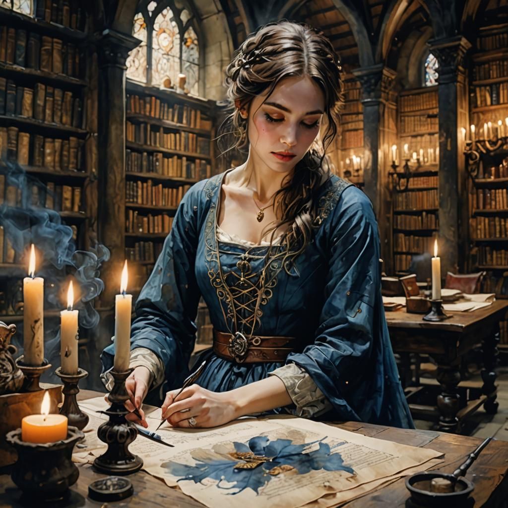 Medieval Woman Writes in Secret Candlelit Library