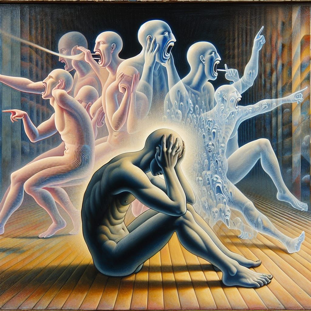 Surreal Scene of Kneeling Figure Surrounded by Entities