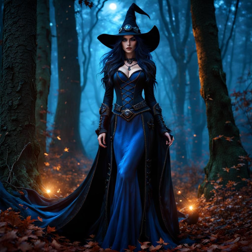 Gothic Azure Witch Portrait in Forest, Splash Art