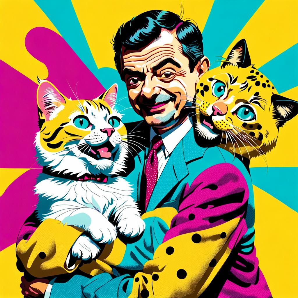 Mr. Bean and Gigantic Cat in Pop Art Style