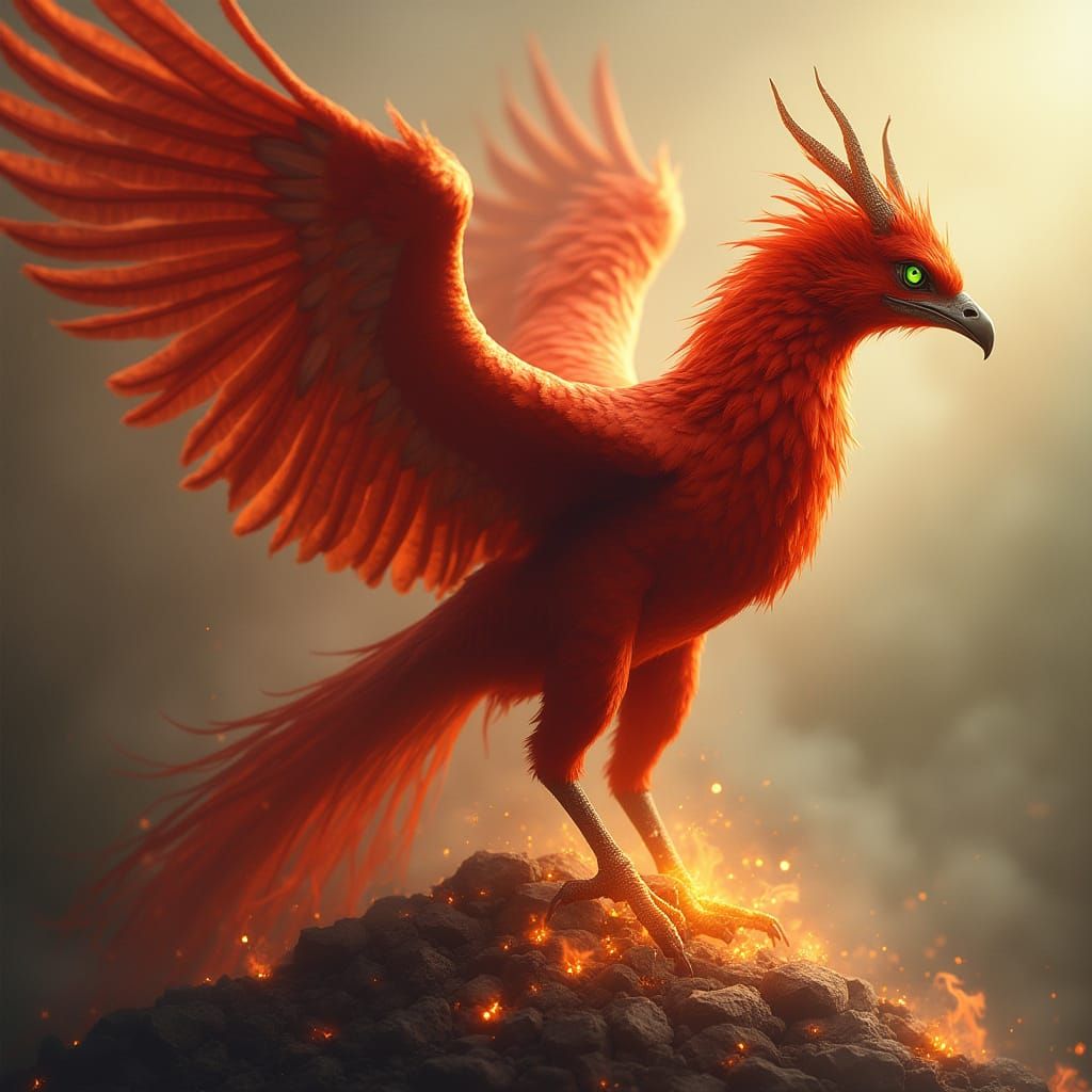 Fiery Phoenix Rising From Ashes in Dreamlike Style