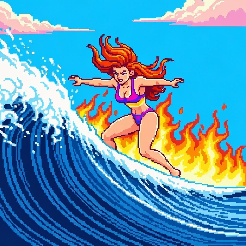 Surfer Girl on Fire Wave in 8-Bit Style